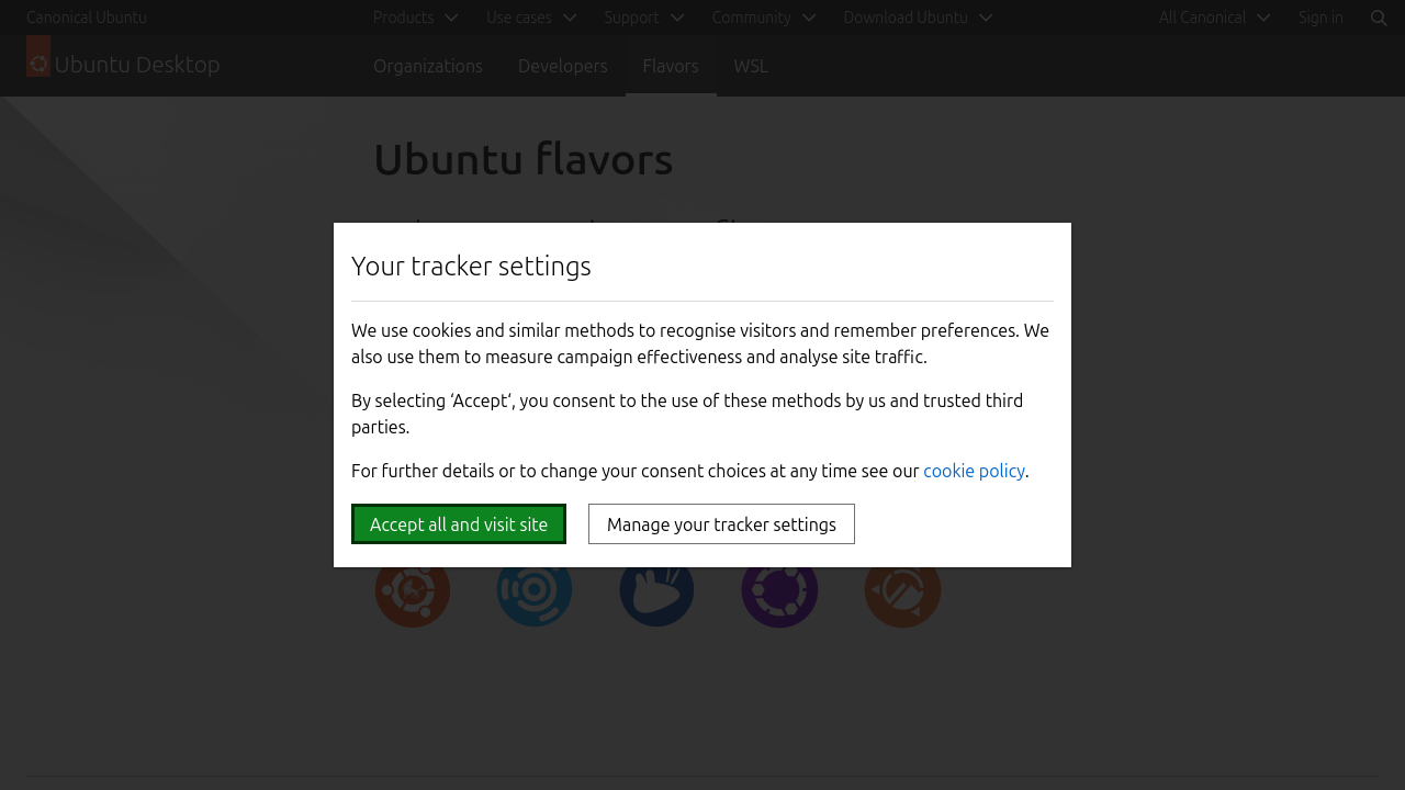 Screenshot of the Ubuntu website with cookie policy modal